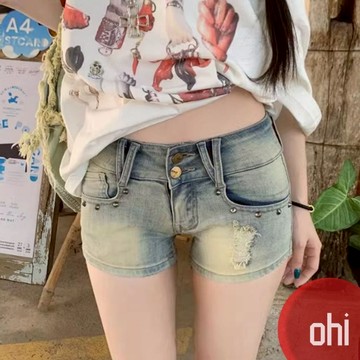 【ohi】復古街頭牛仔短褲 百搭低腰修身顯瘦設計感 女牛仔褲 短褲女 女生褲子 休閒短褲 GJCS2608#-2