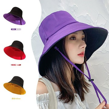 可掛繩防曬帽 時尚大帽檐雙面漁夫帽 素色大檐遮陽帽 日系春秋季防曬帽子 純色百搭太陽帽子 漁夫帽 盆帽 出遊防曬 防風