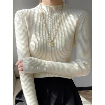 秋冬白色半高領羊絨針織衫女高級感洋氣內搭打底毛衣冬天加厚上衣