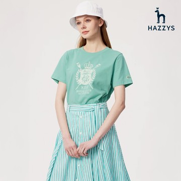 【HAZZYS】女款薄荷綠棉質寬鬆上衣休閒印花設計短袖T恤 YBVEB630