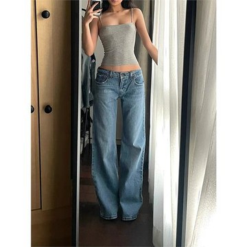 歐美式復古辣妹風低腰牛仔褲子女cleanfit微喇叭褲休閑加長拖地褲