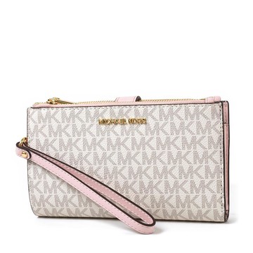 MICHAEL KORS 緹花LOGO防刮皮革對折釦式手掛手拿手機包-白粉