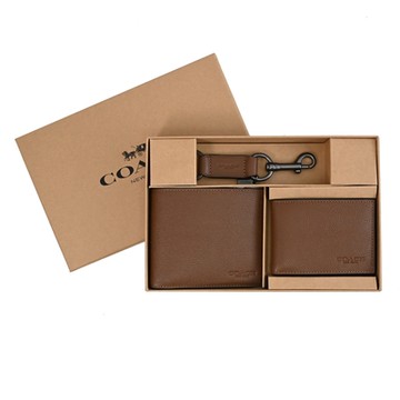 COACH 荔枝皮革卡夾短夾鑰匙圈三件套禮盒組(咖)