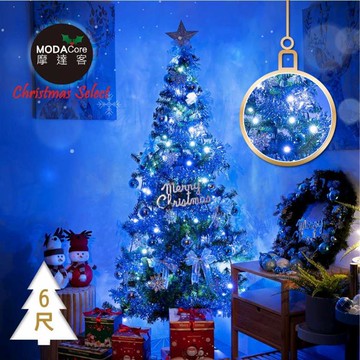 【預購】摩達客耶誕-6尺/6呎（180cm）台灣製特仕幸福型裝飾綠色聖誕樹＋冰雪銀藍系全套飾品配件＋100燈LED燈藍白光插電式*1/贈控制器（下單後5個工作天出貨）_廠商直送
