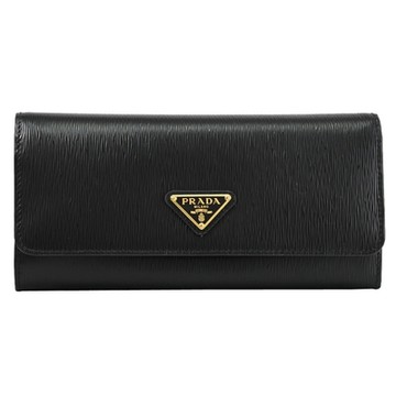 PRADA 經典三角LOGO水波紋雙扣式翻蓋長夾(黑)