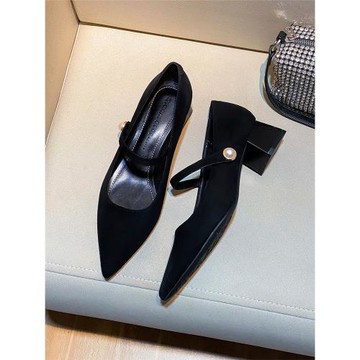 法式小香風瑪麗珍粗跟高跟鞋女2025新款秋冬尖頭漆皮一字扣帶單鞋