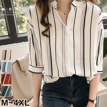 【QV3540】魔衣子-撞色直條紋七分袖襯衫
