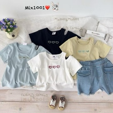 🌈✨mix1001韓系簍空小愛心挖肩短版上衣✨兒童三顆愛心露肩上衣5-17