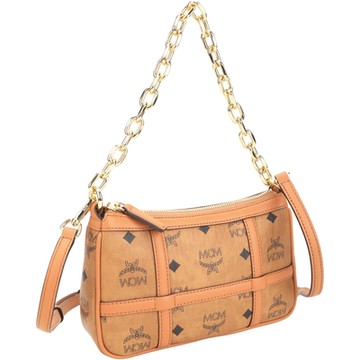 MCM Visetos Aren 塗層老花帆布拼交叉皮革鍊帶肩/斜背腋下包(干邑棕色)