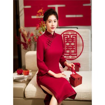 桃源秋冬季高端喜婆婆紅色旗袍婚宴長款長袖顯瘦氣質連衣裙禮服