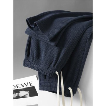 質感滿滿！靛藍色重磅華夫格垂感直筒衛褲春秋款寬松休閑運動長褲