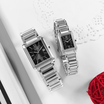 CITIZEN / 光動能 復古方型 羅馬刻度 不鏽鋼手錶 情人對錶 黑色 26mm+18mm