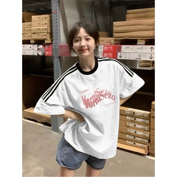 [|Veee]純棉 T恤 短袖 字母印花 條紋T恤 夏天上衣 修身 潮流衣服 上衣女 ins 學生T恤 女生上衣 韓版