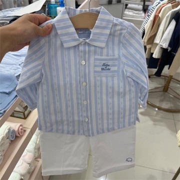 韓國童裝 24秋新款男女童寶藍色條紋紳士長袖襯衣 白色七分褲套裝