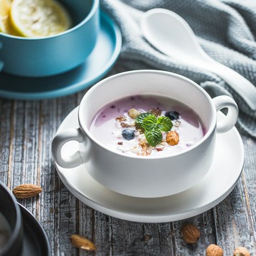 北歐創意陶瓷雙耳湯碗米飯碗濃湯碗家用餐具碗碟勺三件套裝碟子 居家小物 家飾 創意餐具 創意餐盤 廚房小物