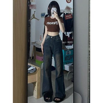 復古做舊闊腿牛仔褲女秋季2025年大碼高腰顯瘦寬松微喇叭拖地褲子