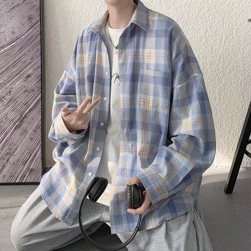 美式復古格子襯衫男 春秋新款寬鬆顯瘦慵懶風百搭襯衫外套男