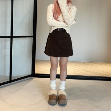 高級感磨毛呢A字短裙-附皮帶-2色 裙子(現貨)