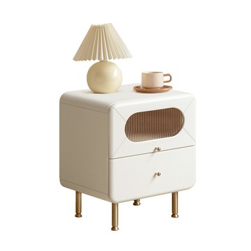 hoi!源氏木語膠囊奶油風橡膠木實木雙抽床頭櫃0.45M(無燈款) Y246A01