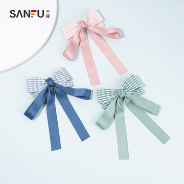 三福甜美可愛少女心格子織帶發夾  飄帶蝴蝶結韓版發飾 798472