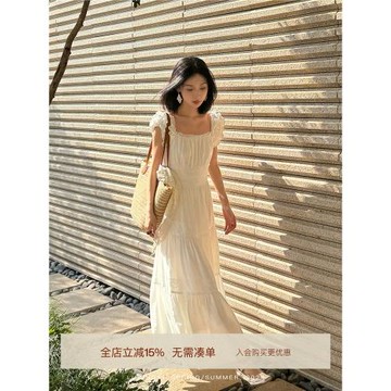 (免運)鷺青一原創【梨花雪】法式方領連衣裙女夏季白色泡泡袖新中式長裙