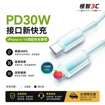 台灣隔日達🔥PD30W 平果 充電線 USB 快充線 冰晶粉編織款 耐折耐用 支援 iPhone6-14 傳輸線 快充
