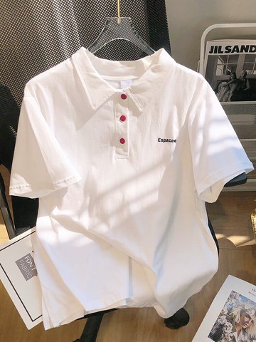 日系白色polo衫女短袖T恤夏2022年新款寬松字母設計純色簡約上衣