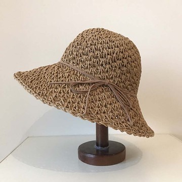 春夏手工菠蘿鉤針女士百搭蝴蝶結盆帽漁夫帽子出游遮陽可折疊草帽1入