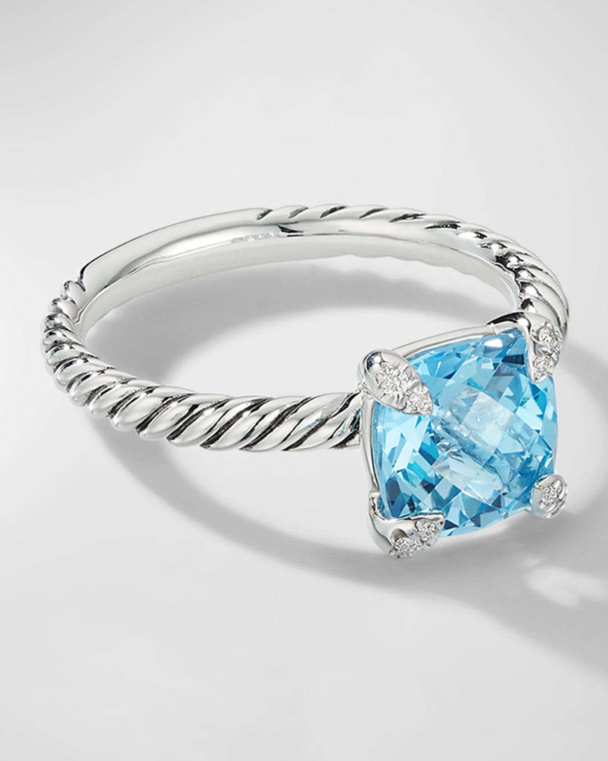 Chatelaine Ring with Blue Topaz and Diamonds in Silver, 8mm, Size 9.5