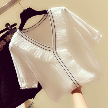 冰絲針織衫短袖t恤女年新款夏季韓版寬松白色薄款v領半袖上衣