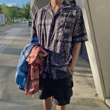 【PAGANS STORE】韓國 變形蟲 古巴領 圖騰 民族風 三色 寬鬆 花襯衫 五分袖 短袖 襯衫