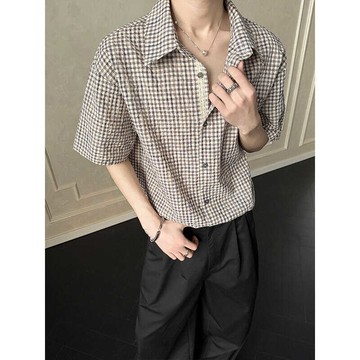 台灣出貨 夏季新款大碼短袖襯衫男 港風復古襯衫 格子襯衫 寬鬆顯瘦 百搭上衣短袖襯衫 襯衫上衣 韓系襯衫 男襯衫