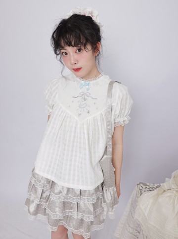 doll 感芭蕾小熊襯衫 / 格紋提花蕾絲領寬鬆泡泡袖上衣