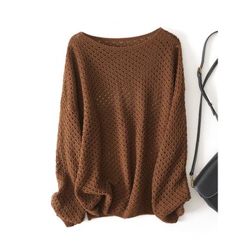 慵懶度假風溫柔女人味鏤空挑孔針織衫一字領顯瘦寬松羊毛罩衫毛衣