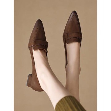 BANFANG女鞋2025春季新款真皮樂福鞋尖頭法式復古中跟粗跟單鞋女