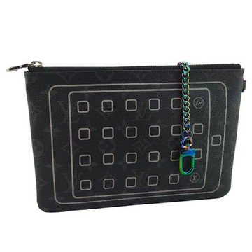 九成新！LV 藤原浩限量款-黑色字紋帆布七彩金屬鍊帶手拿iPad包