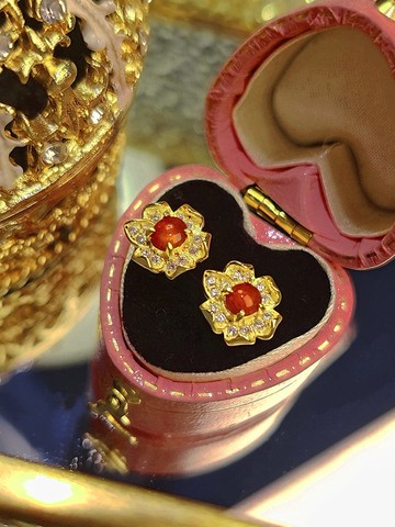 好運•姻緣•制太歲|無燒冰玻紅翡立體花|緬甸A貨翡翠純銀耳環