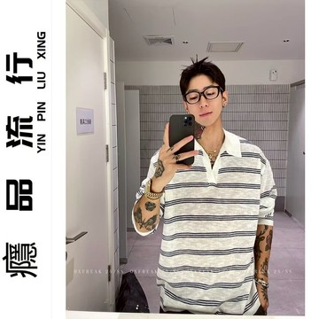 日系新款原版洗水針織POLO衫 韓版潮流氣質時尚V領短袖 美式原宿ins文藝簡約流行百搭短T