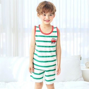 韓國 Maykids - 輕薄細柔棉無袖家居服-條紋X消防車-綠