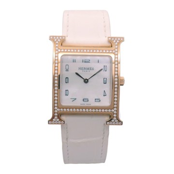 【二手名牌BRAND OFF】HERMES 愛馬仕 白色錶盤 18K玫瑰金 鑽框 皮帶 Heure H 腕錶 HH1.572