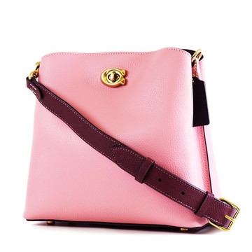 COACH 專櫃款 WLLOW 荔枝紋雙層置物磁釦手提斜背二用包-粉色