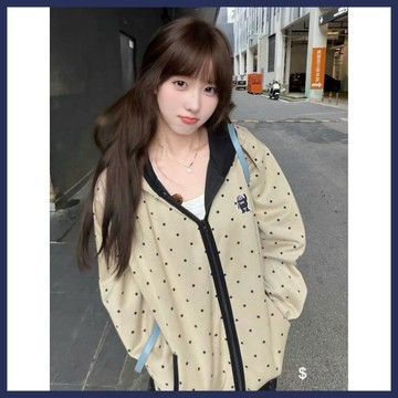 【YWZ】美式復古撞色波點刺繡連帽帽T 大學T女春秋季質感小衆慵懶風開襟外套外套