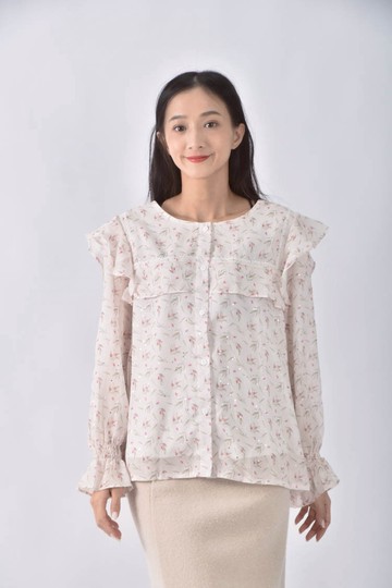 (L) popcorn韓牌櫻桃薄紗白色長袖上衣