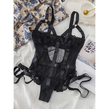 歐美性感透視睫毛邊深V蕾絲鏤空吊帶背心連體衣帶鋼圈女新款露背