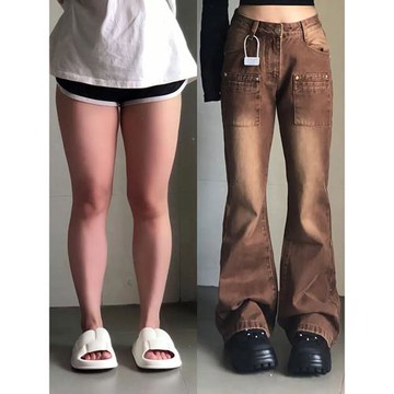 2-300斤特大碼女裝美式微喇牛仔褲女春秋胖mm顯瘦褲子棕色喇叭褲