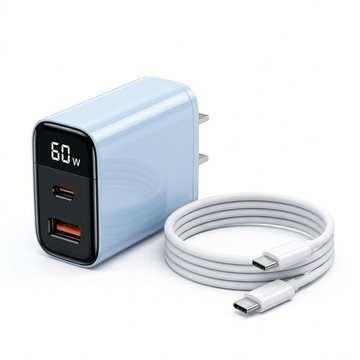 氮化鎵GaN快充器 智能數顯 60W 氮化鎵GaN雙孔快充頭+Type-C to Type-C 60W 快充線100cm