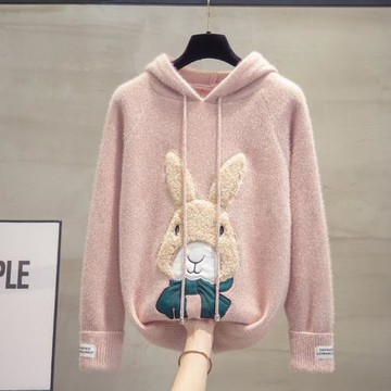 連帽水貂絨毛衣女加厚上衣2025春秋新款慵懶風針織衫內搭打底衫潮