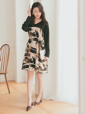 炫彩花卉拼色長袖繫帶收腰洋裝