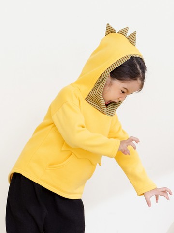 Outdoor~3D立體恐龍拼接撞色條紋內磨毛帽T