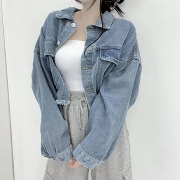 【太妮絲S25】現貨 韓系 短版不收邊牛仔外套 不規則 寬鬆 小翻領 短款 做舊毛邊 抽鬚 牛仔外套 夏季